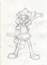 Size: 515x712 | Tagged: safe, artist:dertikleen, pinkie pie, earth pony, anthro, plantigrade anthro, g4, clothes, female, monochrome, skirt, solo, traditional art