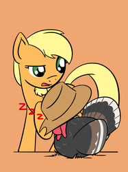 Size: 1280x1707 | Tagged: safe, artist:flutterluv, applejack, turkey, g4, accessory swap, female, simple background, sleeping, solo, zzz