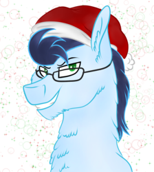Size: 1295x1443 | Tagged: safe, artist:neonaarts, soarin', pony, g4, chest fluff, glasses, hat, male, nerd, santa hat, smiling, solo