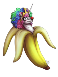 Size: 3000x4000 | Tagged: safe, artist:lupiarts, princess celestia, g4, banana, bananalestia, blushing, clown, clown celestia, clown nose, disturbing, eyelashes, female, food, looking at you, red nose, simple background, smiling, solo, transparent background, wat, wide eyes