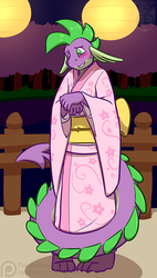 Size: 500x882 | Tagged: safe, artist:ethanqix, spike, dragon, anthro, g4, blushing, clothes, crossdressing, cute, kimono (clothing), male, older spike, shy, solo, spikabetes, teenage spike, teenaged dragon, teenager, tree