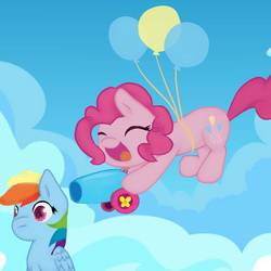 Size: 1000x1000 | Tagged: safe, artist:ttkitty441, pinkie pie, rainbow dash, g4, balloon, cloud, miniature, party cannon, then watch her balloons lift her up to the sky, this will end in death and/or a party