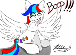 Size: 4900x3500 | Tagged: safe, artist:raptorpwn3, oc, oc only, oc:pedals, pegasus, pony, :p, boop, cute, female, happy, male, simple background, solo, stallion, tongue out, trans female, transgender, white background