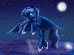 Size: 4000x3000 | Tagged: safe, artist:xeirla, princess luna, g4, female, flying, mare in the moon, moon, reflection, solo, stars, water