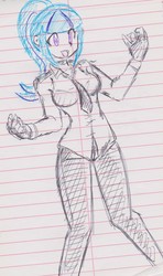 Size: 1290x2181 | Tagged: safe, artist:elgatosabio, sonata dusk, equestria girls, g4, breasts, busty sonata dusk, clothes, female, fingerless gloves, gloves, lined paper, necktie, pants, shirt, solo, traditional art