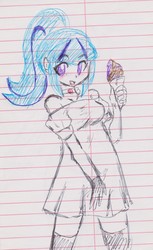 Size: 1252x2046 | Tagged: safe, artist:elgatosabio, sonata dusk, equestria girls, g4, blushing, clothes, dress, female, food, ice cream, lined paper, off shoulder, socks, solo, thigh highs, traditional art