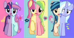 Size: 1412x723 | Tagged: safe, artist:diana173076, indigo zap, lemon zest, sci-twi, sour sweet, sugarcoat, sunny flare, twilight sparkle, pony, equestria girls, g4, alternate hairstyle, crystal prep shadowbolts, equestria girls ponified, ponified, shadow six, swapped cutie marks, what my cutie mark is telling me