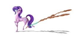 Size: 4000x2000 | Tagged: safe, artist:skitsroom, starlight glimmer, pony, g4, female, glowing horn, hoers, horn, magic, s5 starlight, simple background, solo, staff, staff of sameness, telekinesis, transparent background