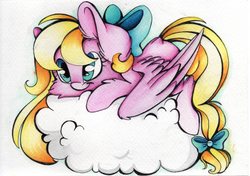 Size: 2468x1734 | Tagged: safe, artist:cutepencilcase, oc, oc only, oc:bay breeze, pegasus, pony, bow, cloud, solo, tail bow
