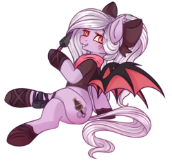 Size: 2511x2383 | Tagged: safe, artist:ruef, oc, oc only, oc:violet thorn, bat pony, pony, crossed legs, high res, kunai, kunoichi, looking at you, ninja, ribbon, simple background, smiling, solo, transparent background, weapon