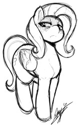 Size: 633x1005 | Tagged: safe, artist:starykrow, fluttershy, g4, fangs, female, frown, grayscale, monochrome, signature, simple background, solo