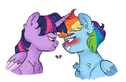 Size: 1447x936 | Tagged: safe, artist:soft-arthropod, rainbow dash, twilight sparkle, alicorn, pony, g4, blushing, chest fluff, female, gritted teeth, heart, lesbian, ship:twidash, shipping, simple background, smiling, smirk, tsunderainbow, tsundere, twilight sparkle (alicorn)