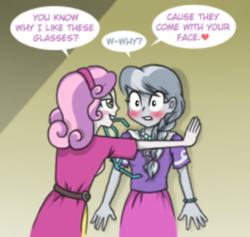 Size: 400x379 | Tagged: safe, artist:crydius, silver spoon, sweetie belle, equestria girls, g4, blouse, blushing, bracelet, braid, clothes, dress, duo, female, flirting, glasses, jewelry, kabedon, lesbian, mouth hold, necklace, pick up line, ship:silverbelle, shipping, skirt, smooth as fuck