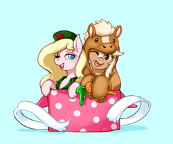 Size: 1212x1013 | Tagged: safe, artist:stardrawsponies, oc, oc only, oc:nurse bonesaw, earth pony, pony, carrot, clothes, costume, epona, female, food, kigurumi, mare, one eye closed, ponified, present, the legend of zelda, wink