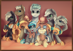 Size: 3494x2431 | Tagged: safe, artist:pridark, oc, oc only, cardboard, colt, female, filly, grin, high res, male, raised hoof, royal guard, sitting, smiling