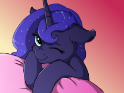 Size: 1600x1200 | Tagged: safe, artist:buttersprinkle, princess luna, pony, g4, cute, ear fluff, eyelashes, female, floppy ears, fluffy, lidded eyes, looking at you, lunabetes, mare, missing accessory, one eye closed, pillow, smiling, solo, sweet dreams fuel, wink