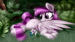 Size: 2560x1440 | Tagged: safe, artist:aurelleah, oc, oc only, oc:stardust, butterfly, pegasus, pony, blank flank, bush, chest fluff, cute, ear fluff, eyes on the prize, featured image, flower, fluffy, forest, grass, lying down, messy mane, nature, nom, preening, prone, smiling, solo, spread wings, tree, wing fluff, wing noms, wings