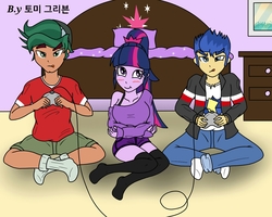 Size: 1280x1024 | Tagged: safe, artist:ajrrhvk12, flash sentry, sci-twi, timber spruce, twilight sparkle, equestria girls, g4, legend of everfree, bed, blushing, clothes, controller, female, hangul, korean, male, missing shoes, ot3, pants, scitimberflash, ship:flashlight, ship:sci-flash, shipping, socks, straight, thigh highs, thigh socks, timberflashlight, timbertwi, trio, video game