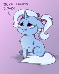Size: 1200x1500 | Tagged: safe, artist:buttersprinkle, trixie, pony, unicorn, g4, :t, adorable distress, alternate hairstyle, blatant lies, blushing, bow, buttersprinkle is trying to murder us, cheek fluff, chest fluff, crying, cute, dialogue, diatrixes, ears back, female, filly, fluffy, frown, gradient background, hair bow, i'm not cute, lidded eyes, looking up, ponytail, purple background, sad, sadorable, scrunchy face, self loathing, simple background, sitting, solo, teary eyes, the sad and depressive trixie, third person, underhoof, wavy mouth, younger