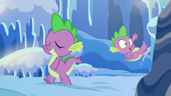 Size: 1280x720 | Tagged: safe, screencap, spike, thorax, g4, the times they are a changeling, ice, slippery ice, slipping