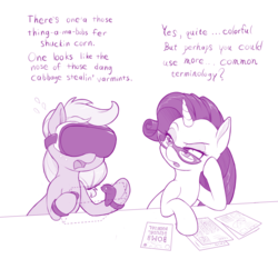 Size: 1179x1100 | Tagged: safe, artist:dstears, applejack, rarity, earth pony, pony, unicorn, g4, dialogue, eyeshadow, female, freckles, glasses, keep talking and nobody explodes, lidded eyes, makeup, manual, mare, monochrome, open mouth, paper, raised eyebrow, sweat, virtual reality