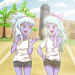 Size: 3507x3472 | Tagged: safe, artist:sumin6301, cloudchaser, flitter, equestria girls, g4, clothes, duo, equestria girls-ified, female, high res, open mouth, scenery, sports shorts, twins