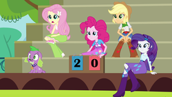 Size: 1920x1080 | Tagged: safe, screencap, applejack, fluttershy, pinkie pie, rarity, spike, dog, equestria girls, g4, bleachers, boots, bracelet, clothes, cowboy hat, denim skirt, hat, high heel boots, high heels, jewelry, scoreboard, skirt, socks, spike the dog, stetson, upskirt denied