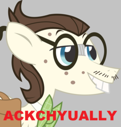Size: 722x760 | Tagged: safe, gizmo, pony, g4, acne, bowtie, bucktooth, caption, facial hair, glasses, gray background, lisp, male, moustache, nerd, simple background, solo, stallion