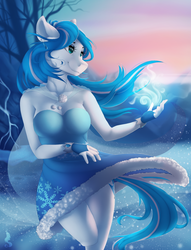 Size: 1091x1430 | Tagged: safe, artist:silentwulv, oc, oc only, earth pony, anthro, anthro oc, beautiful, colored pupils, female, frozen (movie), let it go, magic, smiling, snow, solo