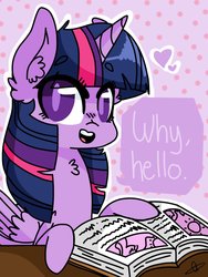 Size: 1024x1365 | Tagged: safe, artist:itomboy, artist:tinted--princess, twilight sparkle, alicorn, pony, g4, adorkable, beanbrows, book, chest fluff, colored pupils, cute, dialogue, dork, ear fluff, eyebrows, female, fluffy, greeting, heart, hello, looking at you, mare, solo, twiabetes, twilight sparkle (alicorn)