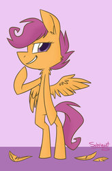 Size: 800x1220 | Tagged: safe, artist:flourret, scootaloo, pony, g4, bipedal, feather, female, solo