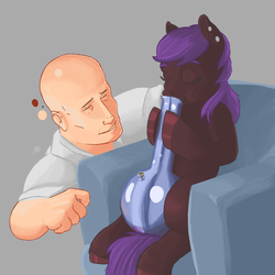 Size: 1836x1836 | Tagged: artist needed, safe, oc, oc only, oc:aurora jane, earth pony, pony, armchair, bong, chair, drawthread, ear piercing, eyes closed, gray background, misleading thumbnail, mr. clean, piercing, simple background, sitting, smiling