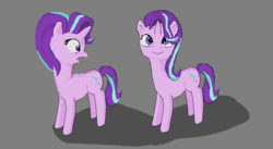 Size: 852x468 | Tagged: safe, starlight glimmer, g4, gray background, looking at you, looking back, self ponidox, simple background, smiling, surprised