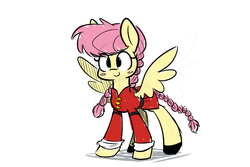 Size: 1280x853 | Tagged: safe, artist:heir-of-rick, fluttershy, pegasus, pony, g4, alternate hairstyle, blush sticker, blushing, braided tail, clothes, colored sketch, cosplay, costume, cute, female, mare, otakushy, ranma 1/2, ranma saotome, shoes, simple background, solo, spread wings, white background