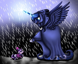 Size: 1200x1000 | Tagged: safe, artist:inspiredpixels, princess luna, snowfall frost, spirit of hearth's warming yet to come, starlight glimmer, alicorn, pony, unicorn, a hearth's warming tail, g4, scene interpretation, size difference, snow