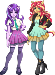 Size: 2095x2863 | Tagged: safe, artist:sparks220stars, starlight glimmer, sunset shimmer, equestria girls, g4, boots, breasts, busty starlight glimmer, busty sunset shimmer, clothes, crossed legs, cute, duo, equestria girls-ified, female, high heel boots, high heels, high res, jacket, leather jacket, lipstick, looking at you, mary janes, necktie, pants, plaid, pleated skirt, ponied up, pony ears, shoes, skirt, stockings