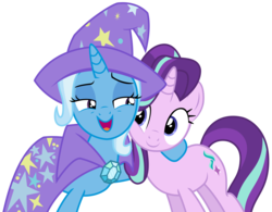 Size: 5178x4041 | Tagged: safe, artist:sketchmcreations, starlight glimmer, trixie, pony, unicorn, g4, to where and back again, absurd resolution, happy, hoof around neck, open mouth, simple background, transparent background, trixie's cape, trixie's hat, vector