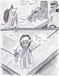 Size: 2552x3304 | Tagged: safe, artist:tristanjsolarez, applejack, rainbow dash, oc, earth pony, pegasus, pony, comic:trans ponies, g4, clothes, comic, crying, facial hair, female, grayscale, lesbian, male, mare, monochrome, moustache, scarf, ship:appledash, shipping, stallion, traditional art