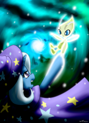 Size: 1300x1800 | Tagged: safe, artist:benjik, trixie, celebi, pony, unicorn, g4, crossover, pokémon, time travel