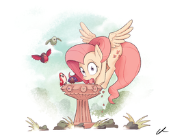 Size: 3000x2400 | Tagged: safe, artist:docwario, fluttershy, bird, pegasus, pony, g4, behaving like a bird, bird bath, caught, drinking, female, flutterbird, flying, high res, looking at you, mare, solo, spread wings, tongue out