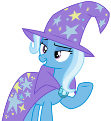 Size: 2925x3184 | Tagged: safe, artist:sketchmcreations, trixie, pony, unicorn, g4, to where and back again, female, high res, lidded eyes, raised hoof, simple background, smiling, solo, transparent background, trixie's cape, trixie's hat, vector