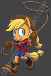 Size: 800x1186 | Tagged: safe, artist:blazetbw, applejack, earth pony, anthro, plantigrade anthro, g4, female, hat, lasso, rope, solo, sonic the hedgehog (series), sonicified, style emulation, watermark