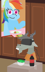 Size: 407x649 | Tagged: safe, artist:threetwotwo32232, rainbow dash, goat, pegasus, pony, g4, bottle, cardboard box, female, food, looking at you, mare, otaku date, salad, smiling, soda, virtual reality