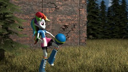 Size: 4096x2304 | Tagged: safe, artist:oc1024, rainbow dash, equestria girls, g4, 3d, ball, boots, brick wall, building, clothes, compression shorts, female, football, grass field, high res, raised leg, scenery, shorts, skirt, skirt lift, socks, solo, source filmmaker, wristband