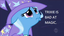 Size: 1280x720 | Tagged: safe, edit, edited screencap, screencap, trixie, pony, unicorn, g4, magic duel, female, hub logo, image macro, meme, op is a duck, op is trying to start shit, sad, solo, text