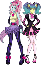 Size: 1935x3099 | Tagged: safe, artist:sparks220stars, pixel pizazz, violet blurr, equestria girls, g4, my little pony equestria girls: rainbow rocks, alternative cutie mark placement, boots, clothes, duo, facial cutie mark, high heel boots, high heels, miniskirt, pantyhose, pigtails, ponied up, shoes, simple background, skirt, socks, stockings, thigh highs, transparent background