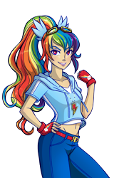 Size: 1468x2300 | Tagged: safe, artist:sparks220stars, rainbow dash, human, g4, belly button, belt, clothes, female, fingerless gloves, gloves, goggles, hoodie, humanized, midriff, pants, simple background, solo, transparent background