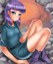 Size: 800x968 | Tagged: safe, artist:racoonsan, maud pie, human, boots, clothes, dress, female, humanized, legs, lidded eyes, looking at you, sauna, sexy, sitting, skirt, skirt lift, solo, stupid sexy maud pie, sweat, thighs