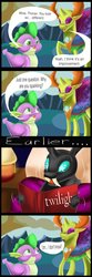 Size: 516x1549 | Tagged: safe, artist:thewarriorartist, spike, thorax, changedling, changeling, dragon, g4, to where and back again, blatant lies, book, comic, king thorax, male, speech bubble, twilight (series)