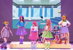 Size: 939x640 | Tagged: safe, applejack, fluttershy, pinkie pie, rainbow dash, rarity, human, equestria girls, g4, my little pony equestria girls: rainbow rocks, actress, drum kit, drums, irl, irl human, live action, musical instrument, performance, photo, singapore, the mlp musical: rainbow rocks